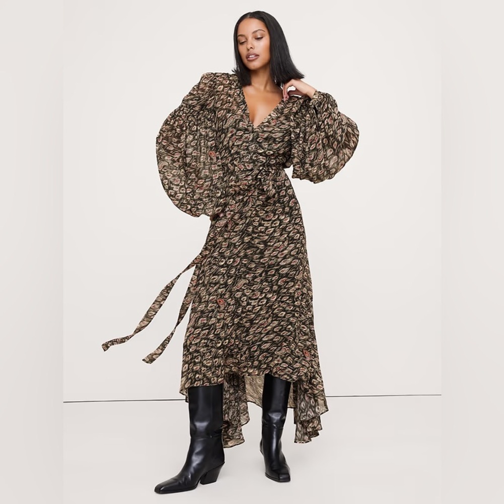 NEW! Banana Republic Agate Paisley Cream Georgette Puff-Sleeve Maxi Dress 🏕️